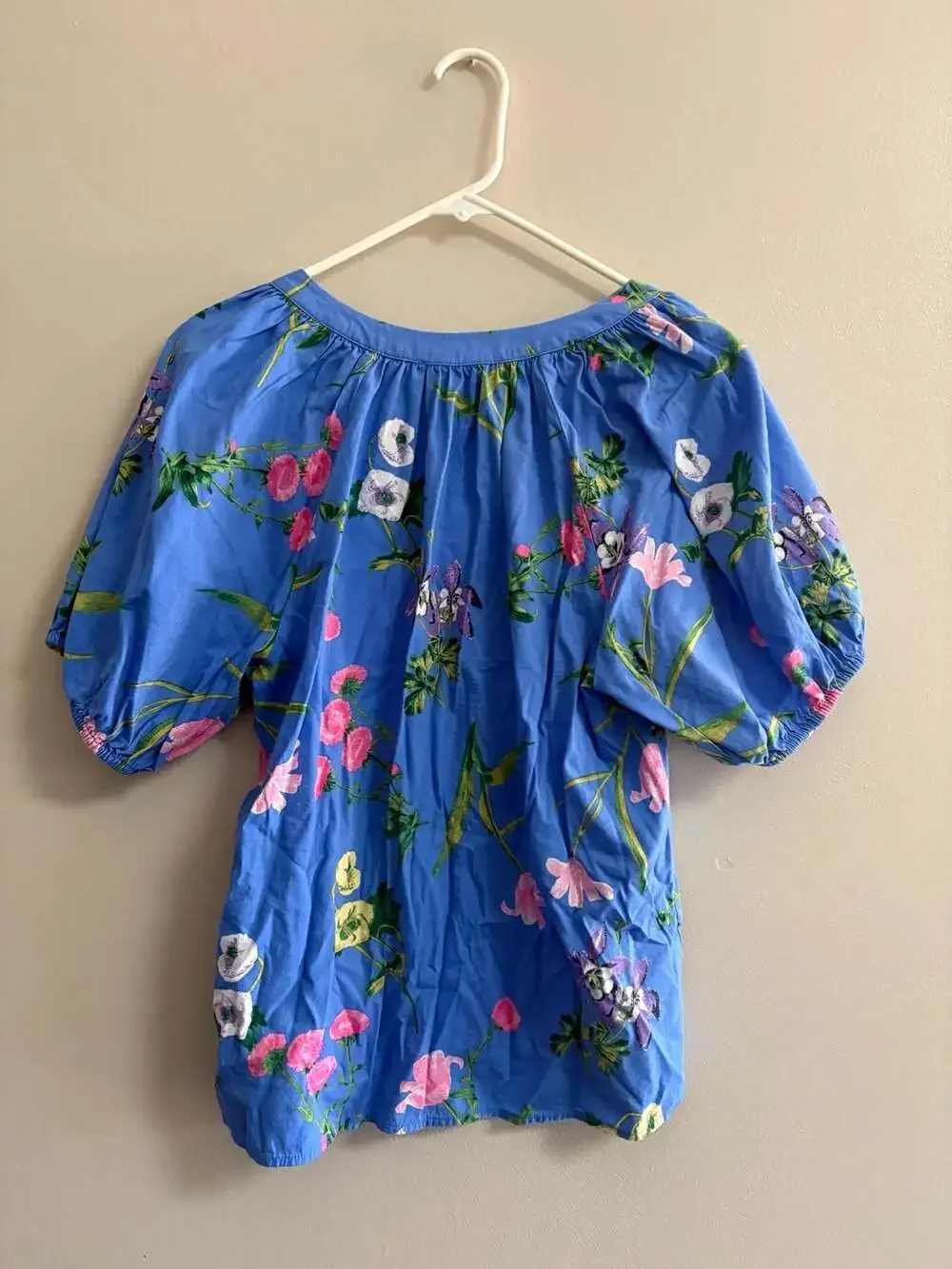 LOFT Blue Floral Print Puff Sleeve Tie Neck Blouse Size M